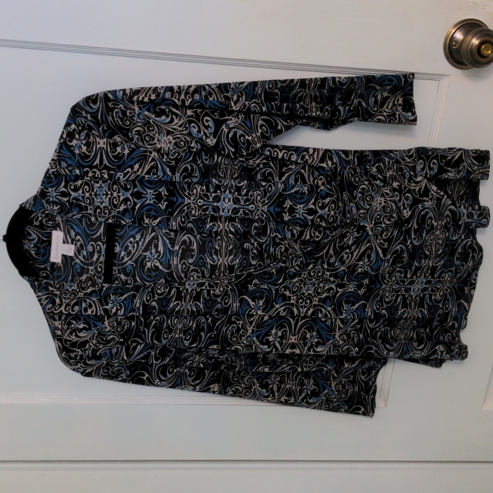 Charter Oak Size L Paisley Teal Blue, Black and White Paisley Top